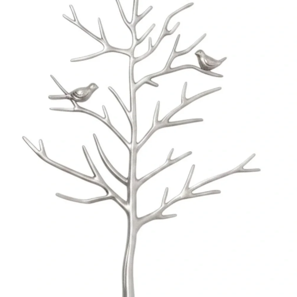 Home Elements 2014 Silver Bird Jewelry Tree Stand Metal Organizer Tray Catch-All